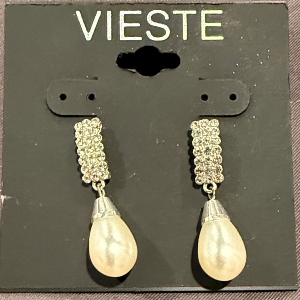 Faux Pearl and Crystal Dangle Post Earrings | White Pearl with Silver Accents